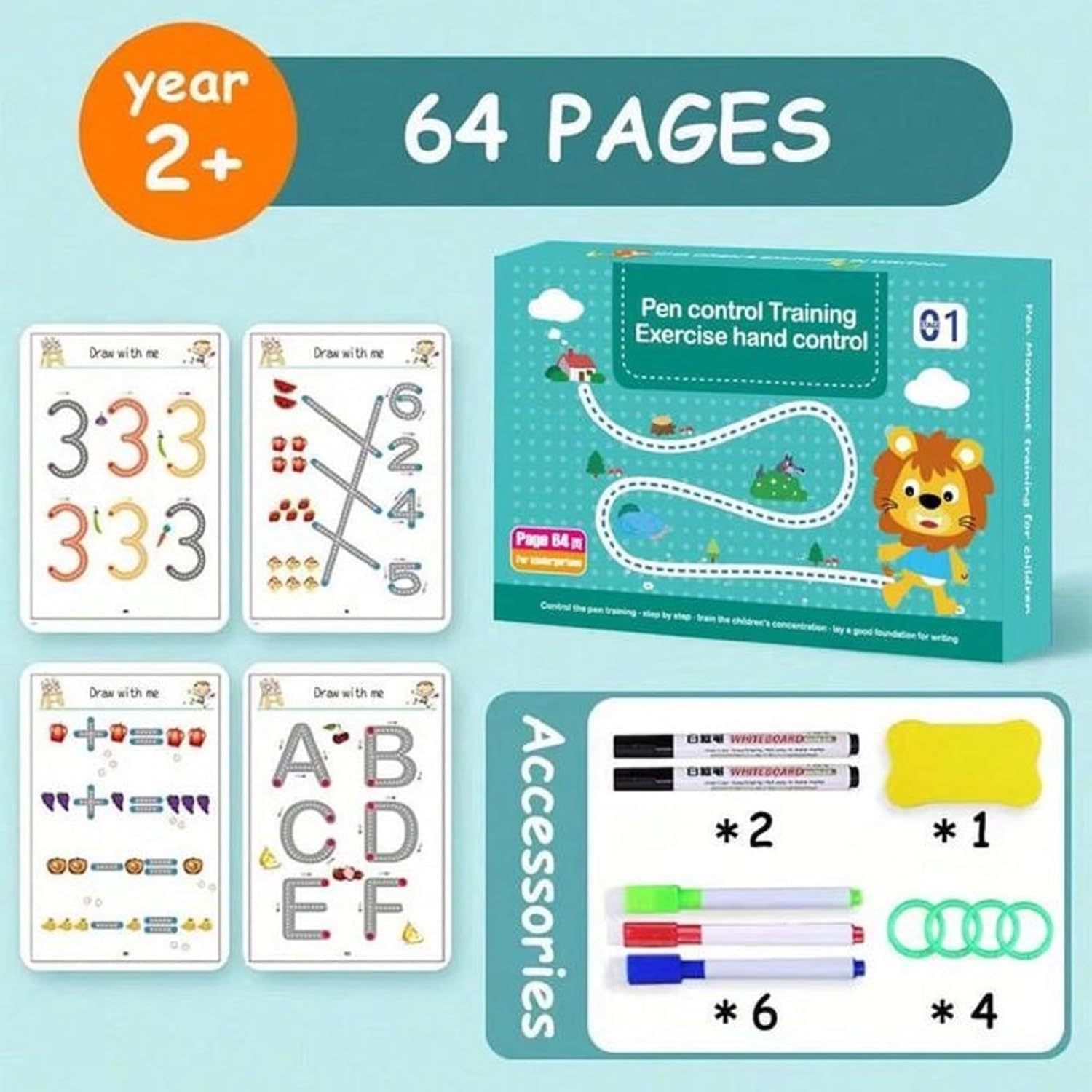 64 Pages Magical Tracing Workbook Set, Hand Writing Pen Control Training Book For Learning To Write The Alphabets & Numbers, Preschool Educational Reusable Learning Book For Kids.