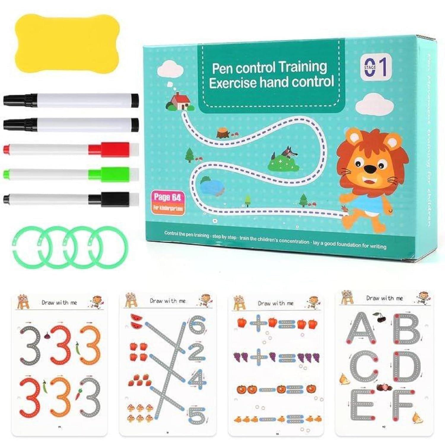 64 Pages Magical Tracing Workbook Set, Hand Writing Pen Control Training Book For Learning To Write The Alphabets & Numbers, Preschool Educational Reusable Learning Book For Kids.