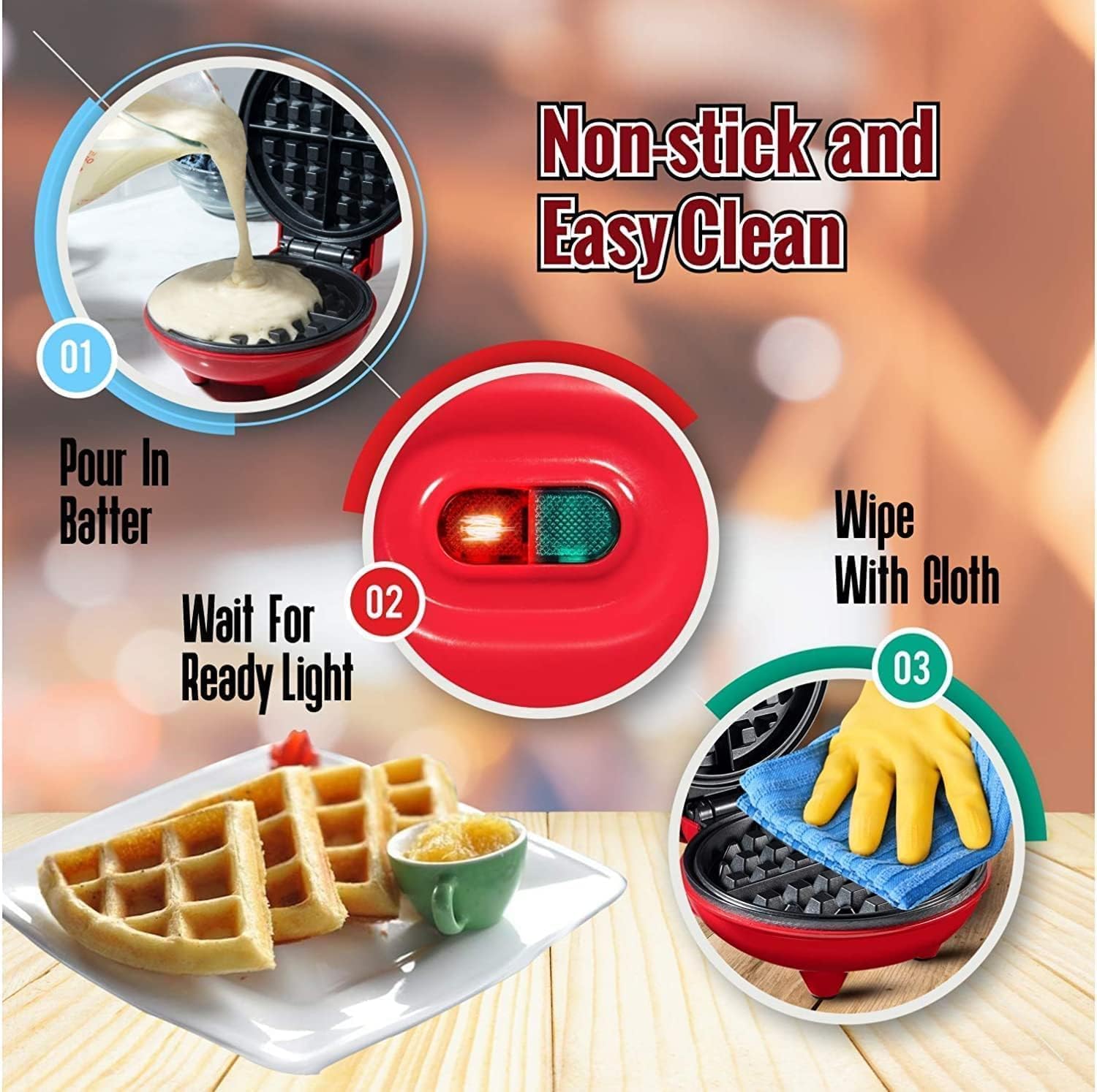 Premium Electric Waffle Maker (Red, 350W) – Mini Non-Stick Waffles Iron Machine for Home | Quick Breakfast, Easy Cleaning, Compact & Powerful Design